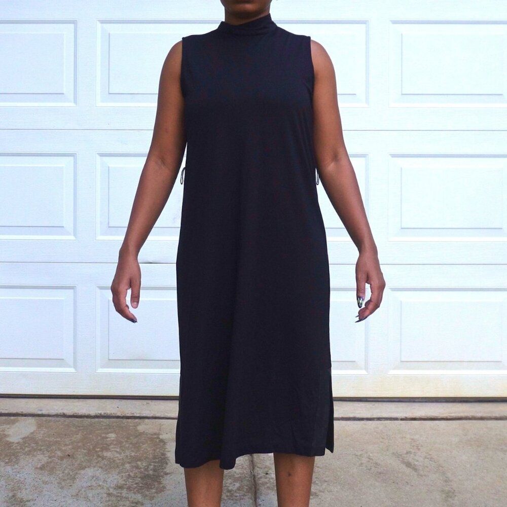 Anne Klein Black Mock Neck Midi Dress S Sleeveless Faux Leather Satin Trim Luxe
